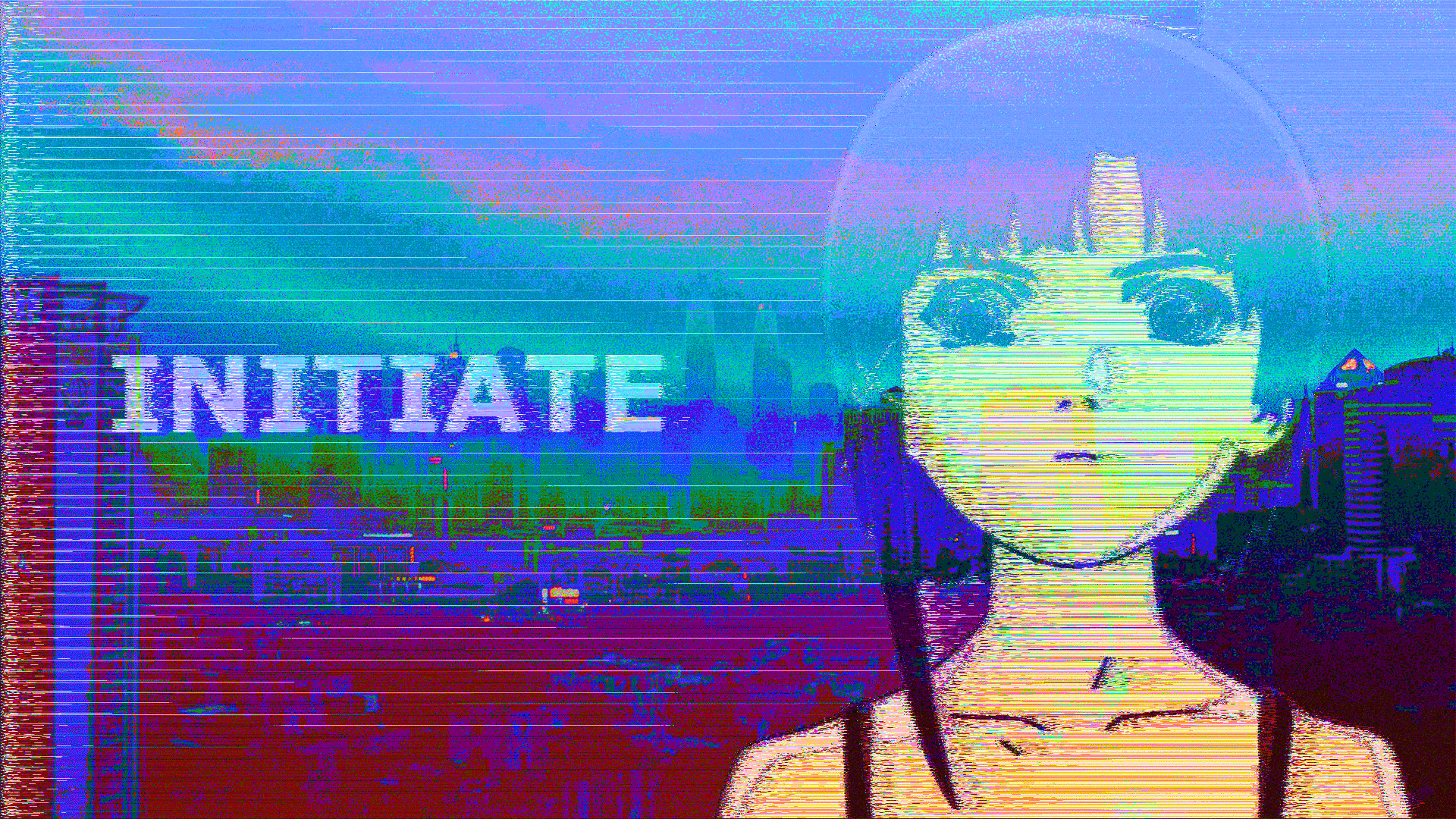 A glitch art gif Lain with a city background and the words "INITIATE" next to her